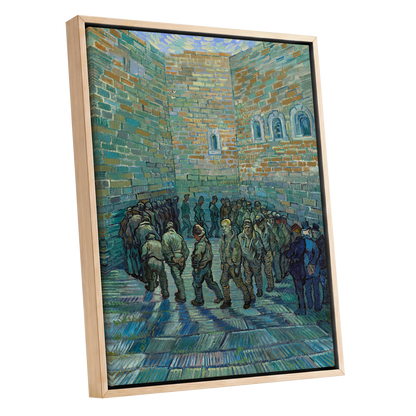 Courtyard in Motion, blue, green, brown abstract wall art shown as a oak framed canvas wall art