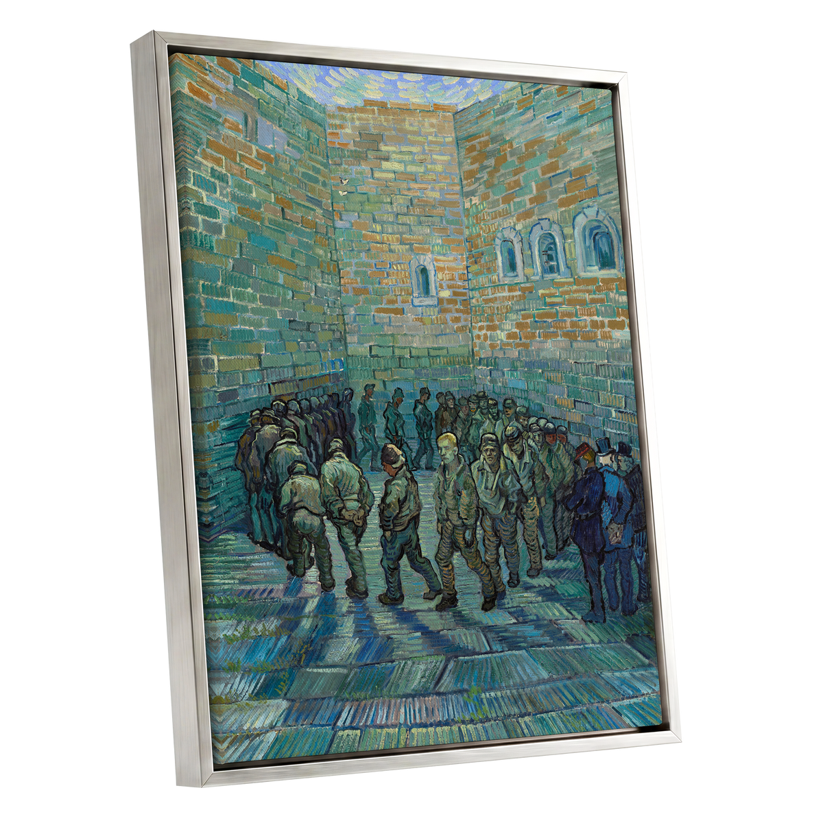 Courtyard in Motion, blue, green, brown abstract wall art shown as a silver framed canvas wall art