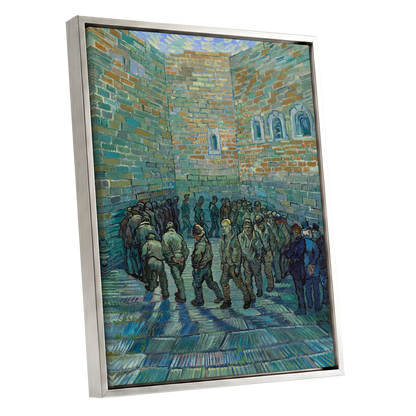 Courtyard in Motion, blue, green, brown abstract wall art shown as a silver framed canvas wall art