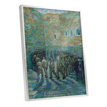 Courtyard in Motion, blue, green, brown abstract wall art shown as a silver framed poster wall art print
