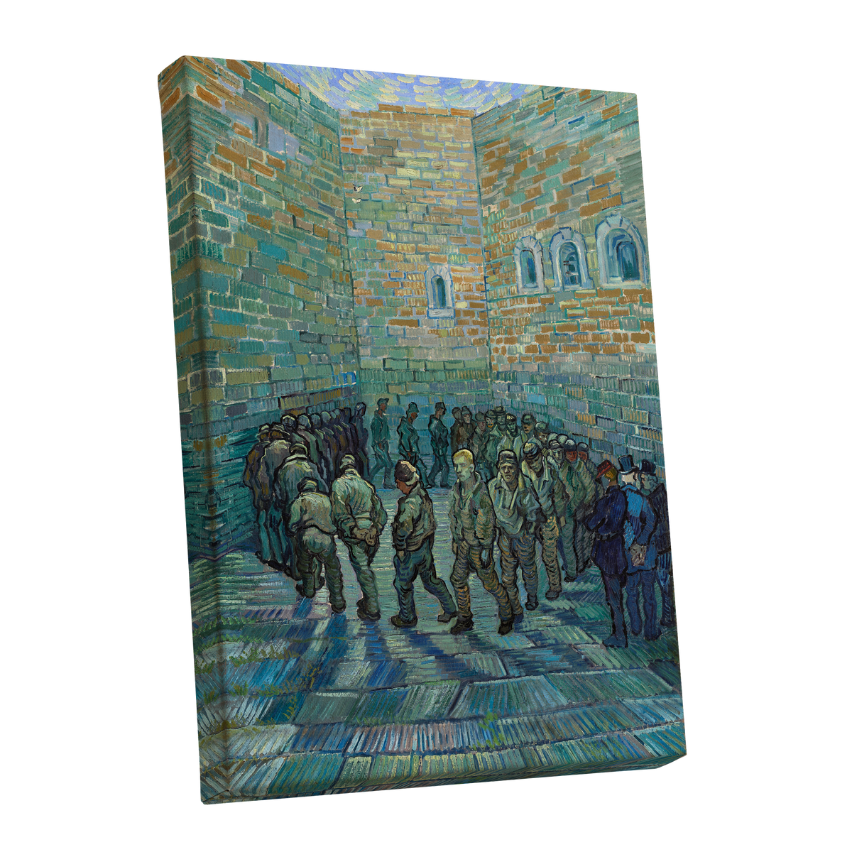 Courtyard in Motion, blue, green, brown abstract wall art shown as a stretched canvas wall art