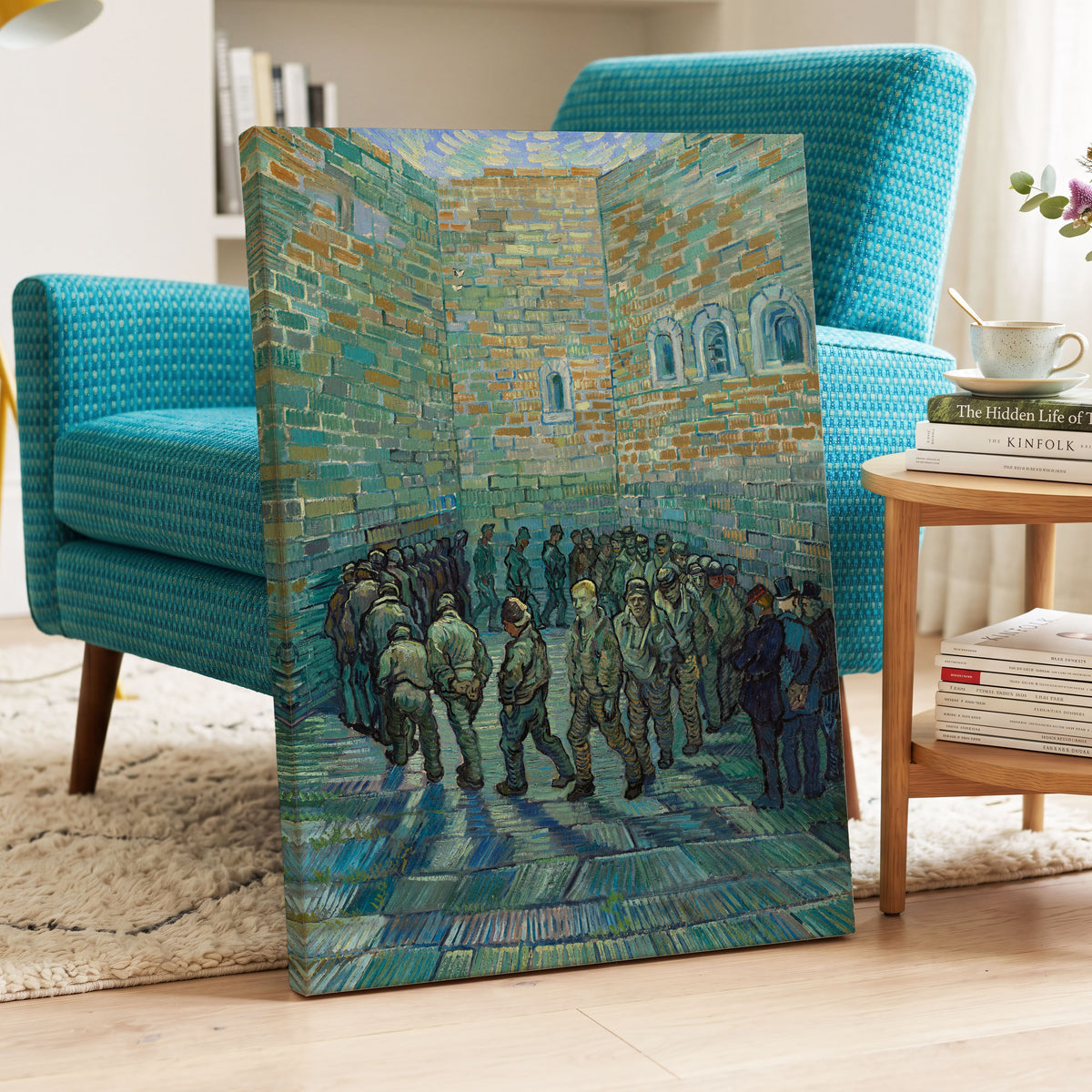 Courtyard in Motion, blue, green, brown abstract wall art displayed in a styled interior, gallery view 7