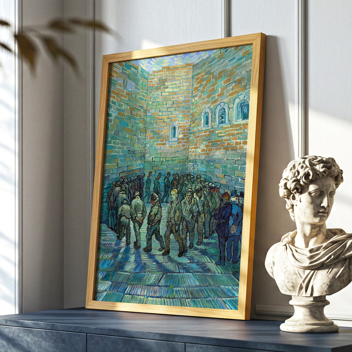 Courtyard in Motion, blue, green, brown abstract wall art displayed in a styled interior, gallery view 9