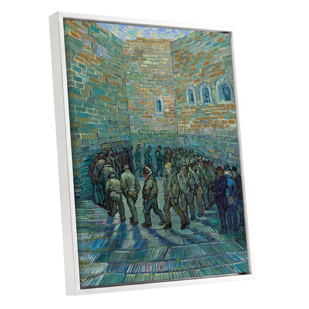 Courtyard in Motion, blue, green, brown abstract wall art shown as a white framed canvas wall art