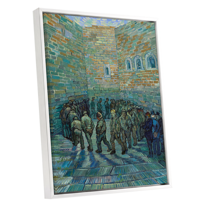 Courtyard in Motion, blue, green, brown abstract wall art shown as a white framed canvas wall art