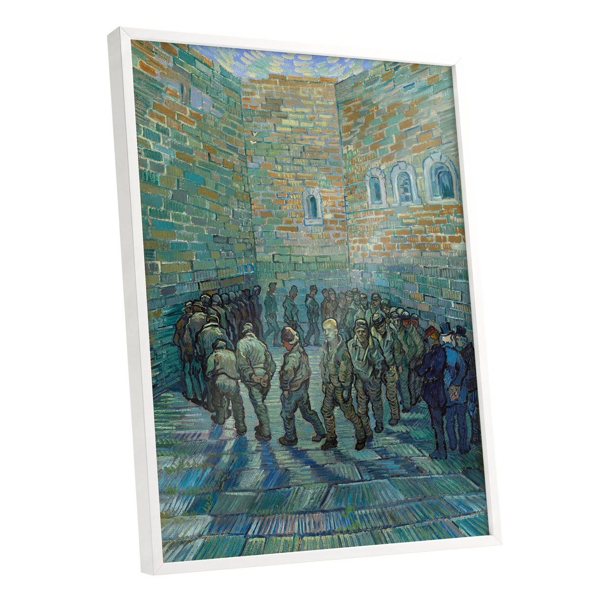 Courtyard in Motion, blue, green, brown abstract wall art shown as a white framed poster wall art print