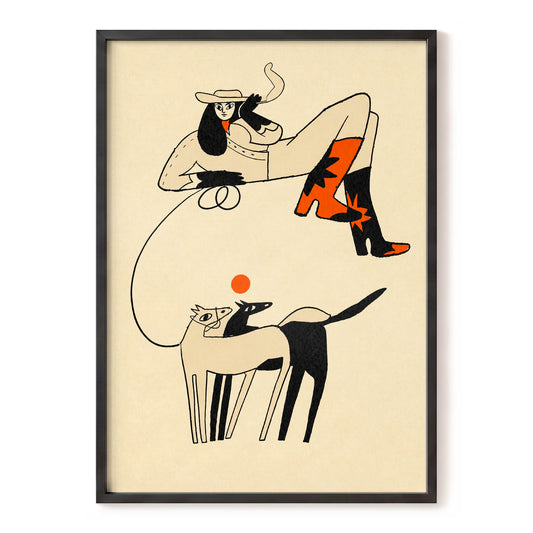 Cowgirl in Suspension, beige, black, orange abstract wall art, front artwork view
