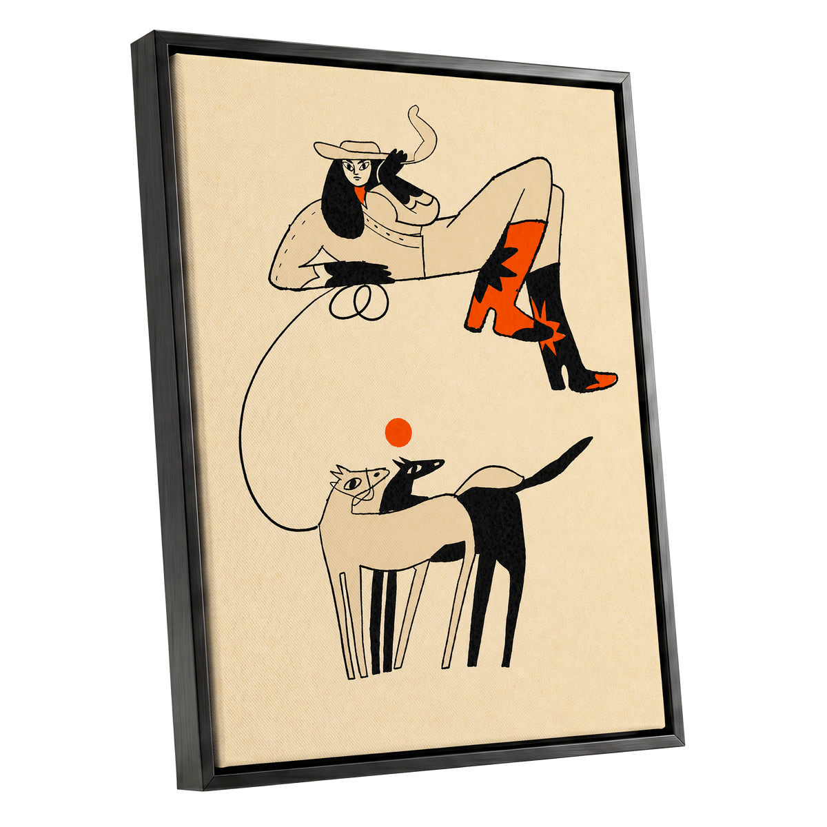 Cowgirl in Suspension, beige, black, orange abstract wall art shown as a black framed canvas wall art
