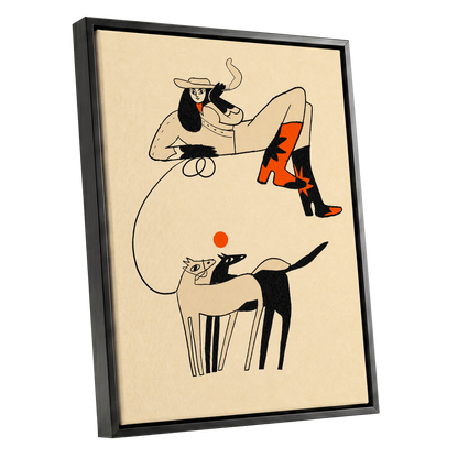 Cowgirl in Suspension, beige, black, orange abstract wall art shown as a black framed canvas wall art