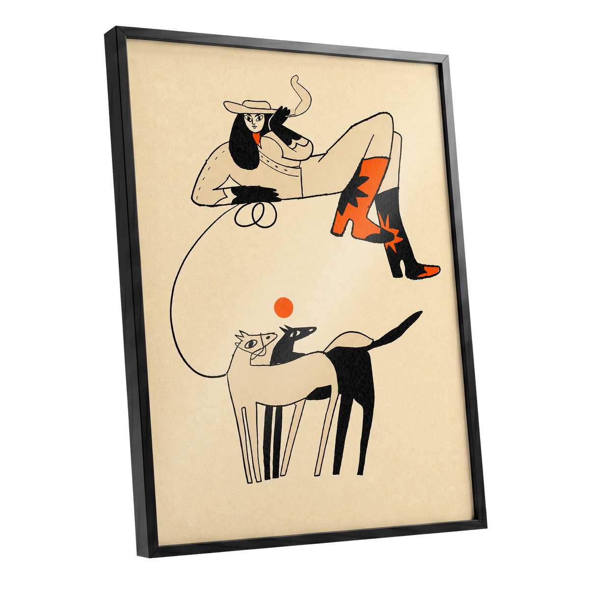 Cowgirl in Suspension, beige, black, orange abstract wall art shown as a black framed poster wall art print