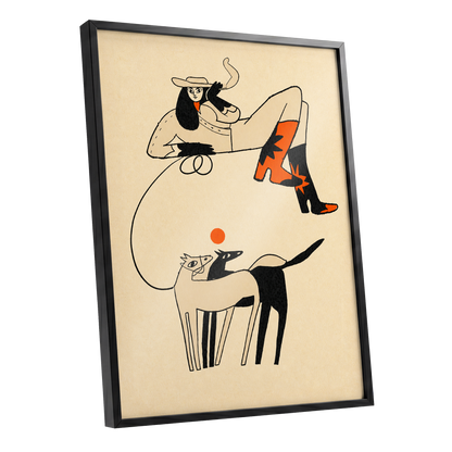 Cowgirl in Suspension, beige, black, orange abstract wall art shown as a black framed poster wall art print