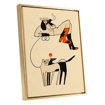 Cowgirl in Suspension, beige, black, orange abstract wall art shown as a gold framed canvas wall art