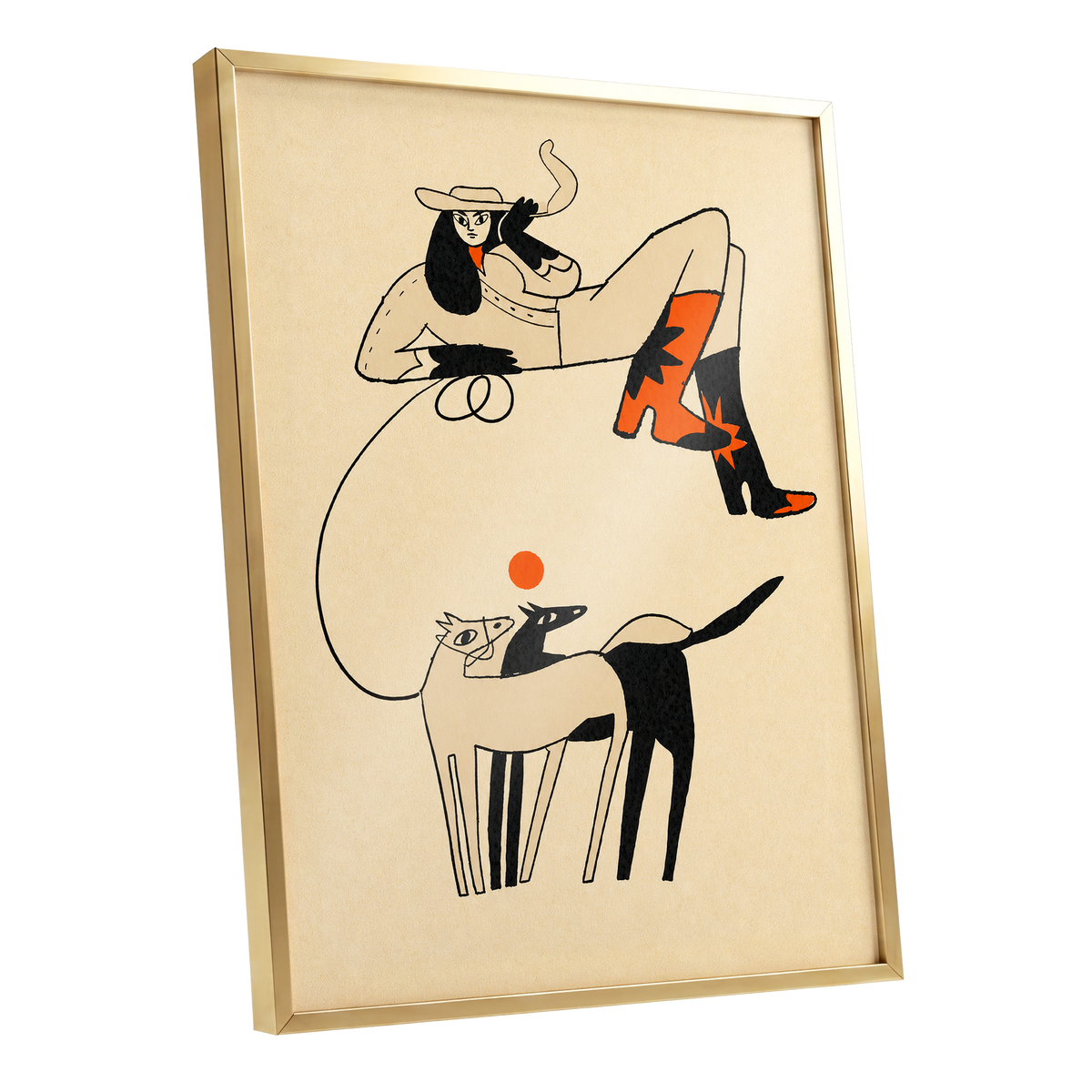 Cowgirl in Suspension, beige, black, orange abstract wall art shown as a gold framed poster wall art print