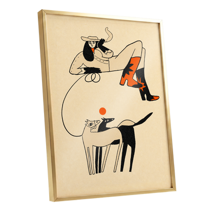 Cowgirl in Suspension, beige, black, orange abstract wall art shown as a gold framed poster wall art print