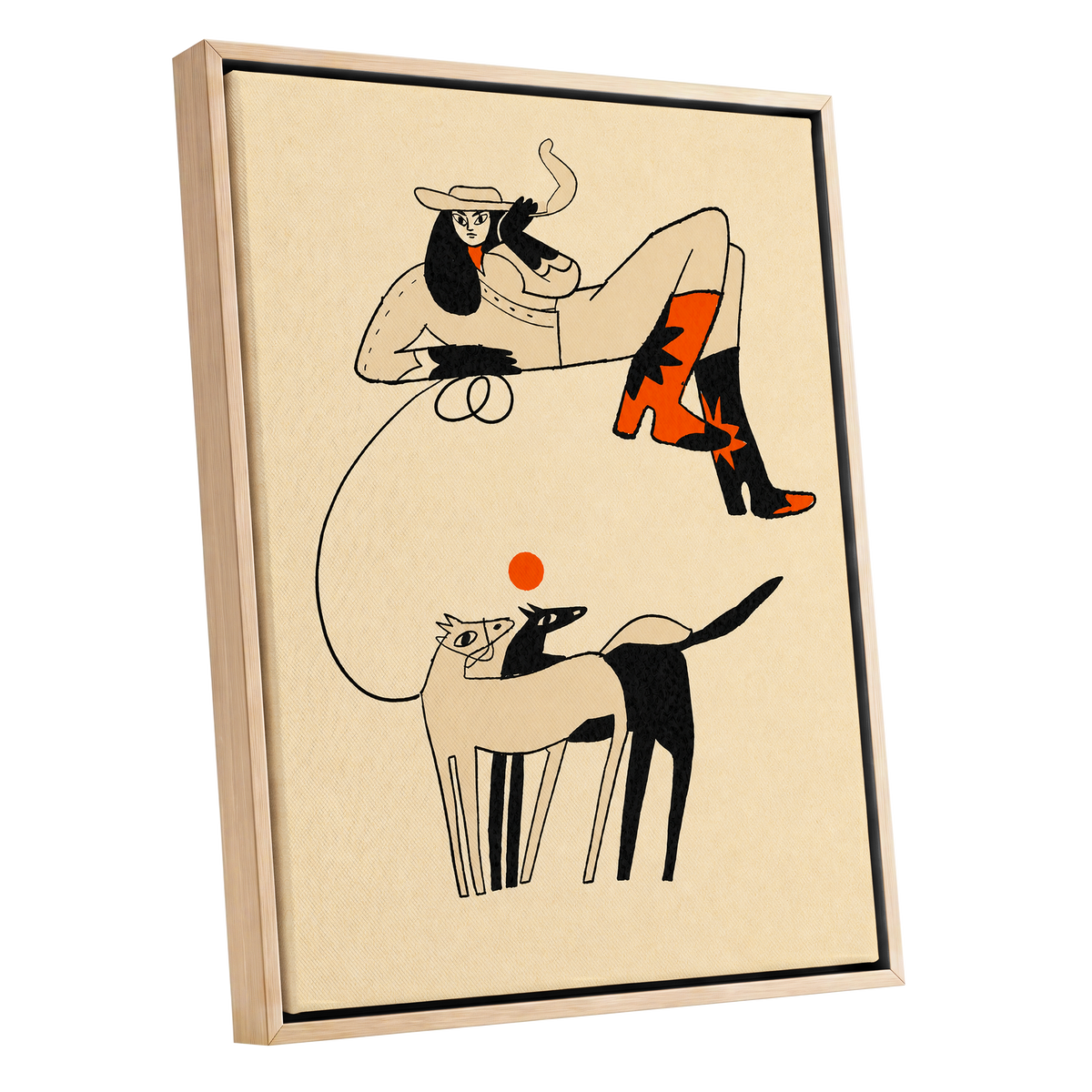 Cowgirl in Suspension, beige, black, orange abstract wall art shown as a oak framed canvas wall art