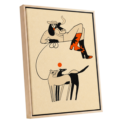 Cowgirl in Suspension, beige, black, orange abstract wall art shown as a oak framed canvas wall art