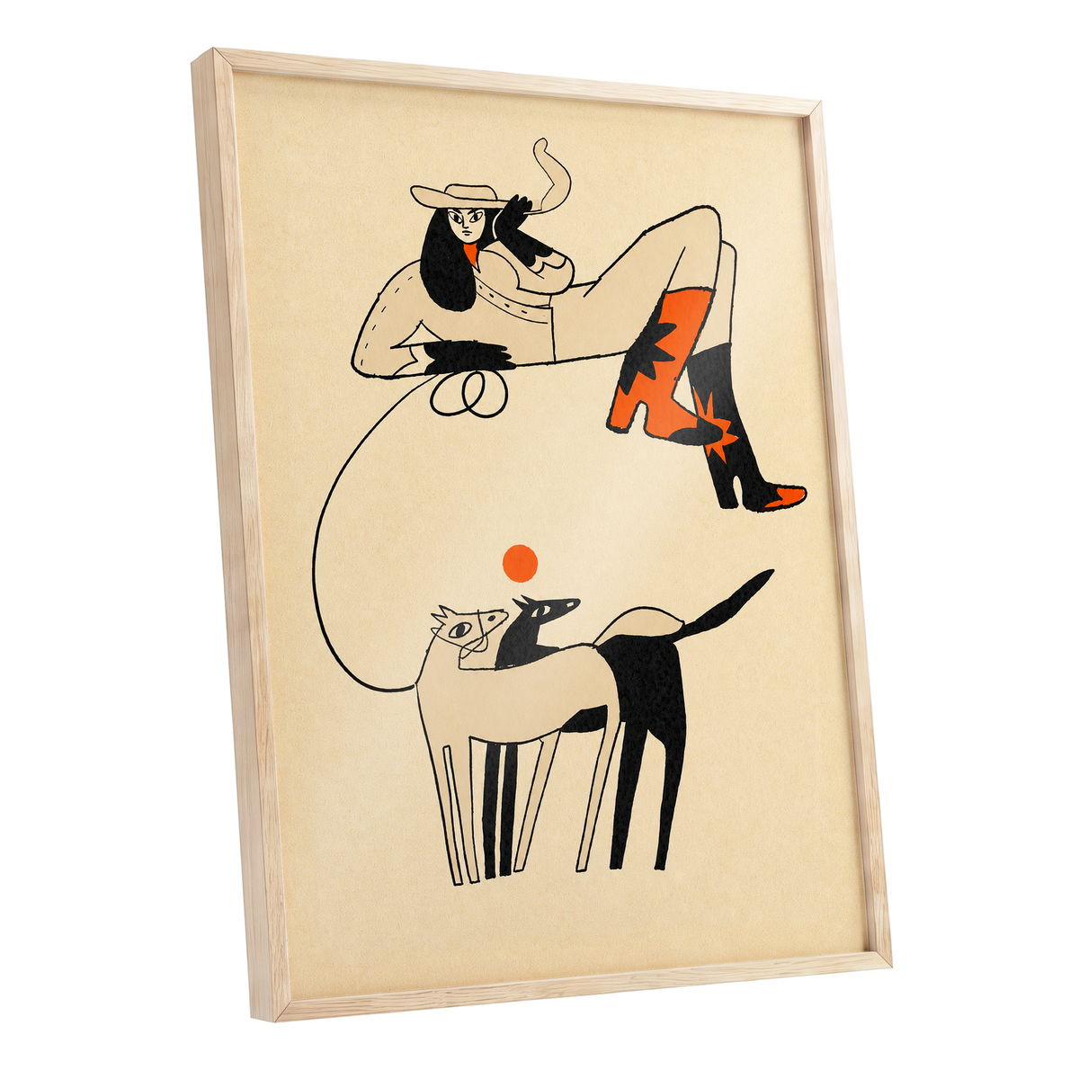 Cowgirl in Suspension, beige, black, orange abstract wall art shown as a oak framed poster wall art print
