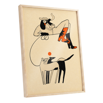 Cowgirl in Suspension, beige, black, orange abstract wall art shown as a oak framed poster wall art print