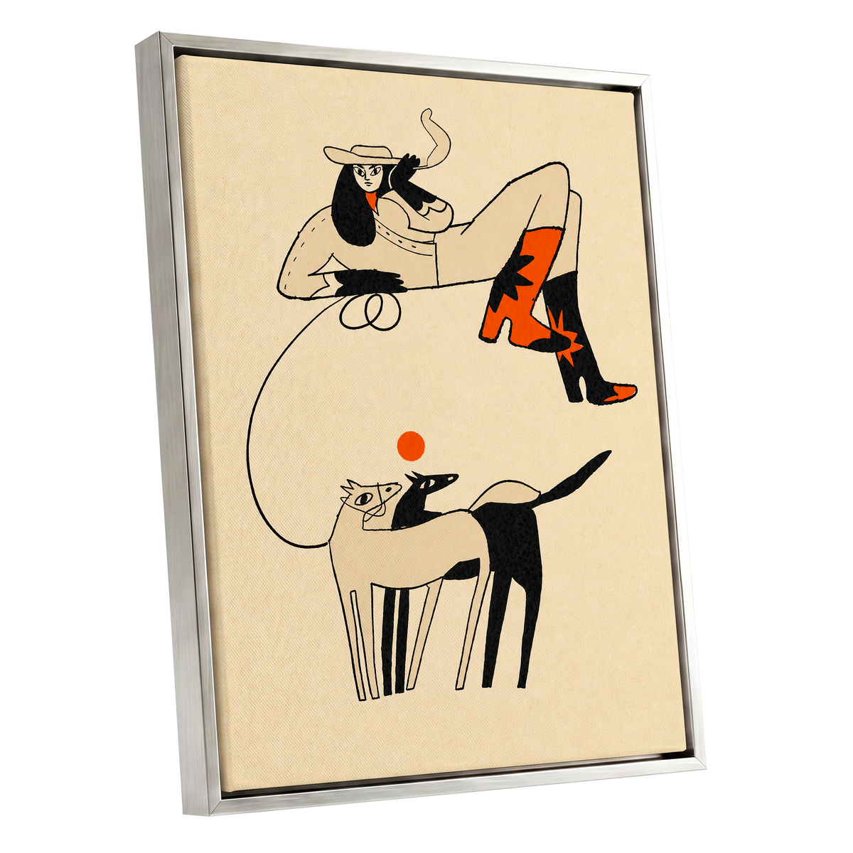Cowgirl in Suspension, beige, black, orange abstract wall art shown as a silver framed canvas wall art