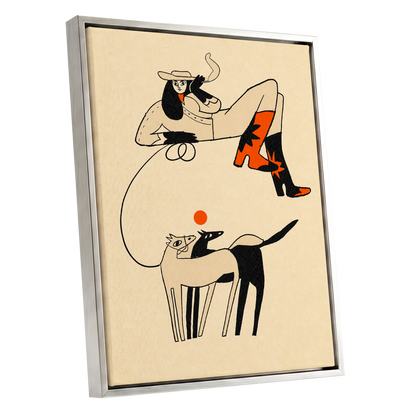 Cowgirl in Suspension, beige, black, orange abstract wall art shown as a silver framed canvas wall art