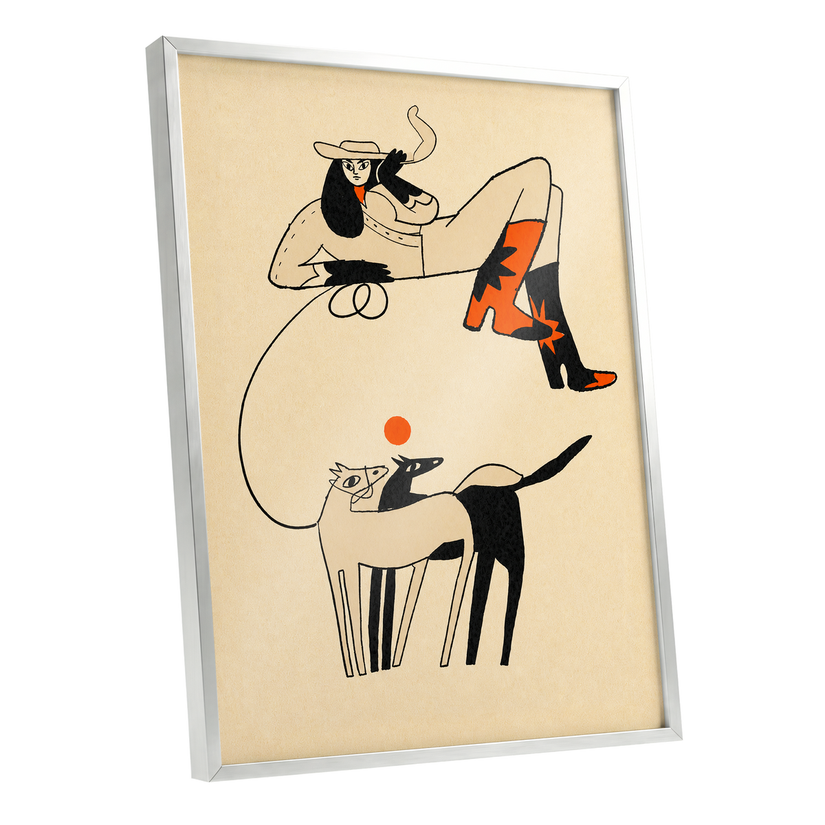 Cowgirl in Suspension, beige, black, orange abstract wall art shown as a silver framed poster wall art print