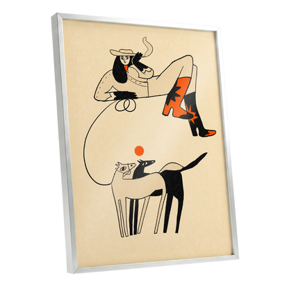 Cowgirl in Suspension, beige, black, orange abstract wall art shown as a silver framed poster wall art print
