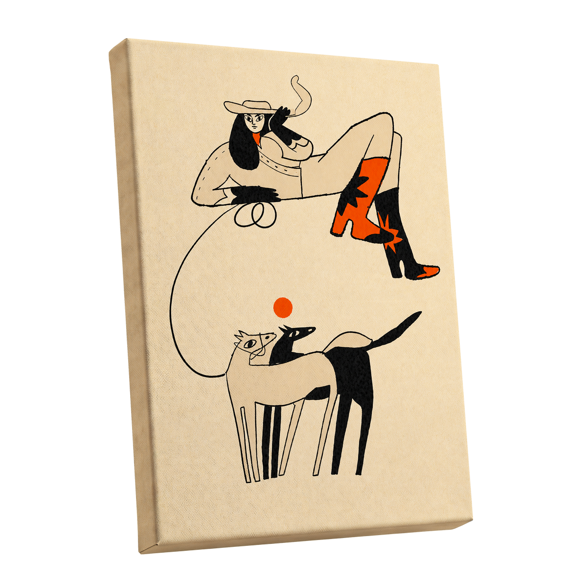 Cowgirl in Suspension, beige, black, orange abstract wall art shown as a stretched canvas wall art