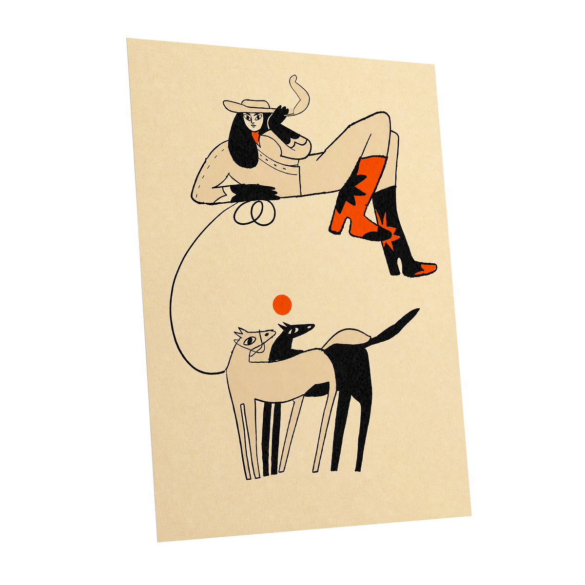 Cowgirl in Suspension, beige, black, orange abstract wall art shown as a unframed poster wall art print