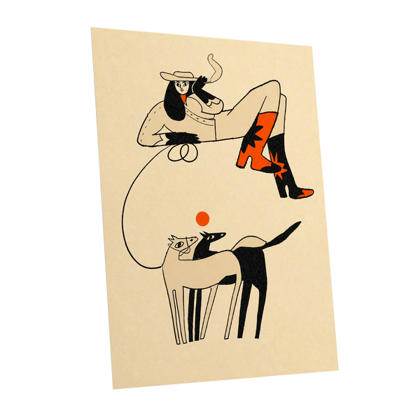 Cowgirl in Suspension, beige, black, orange abstract wall art shown as a unframed poster wall art print