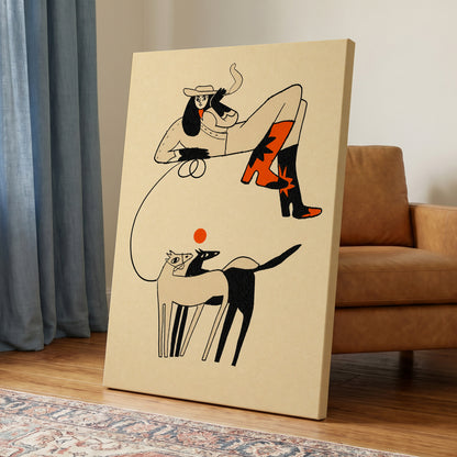 Cowgirl in Suspension, beige, black, orange abstract wall art displayed in a styled interior, gallery view 3