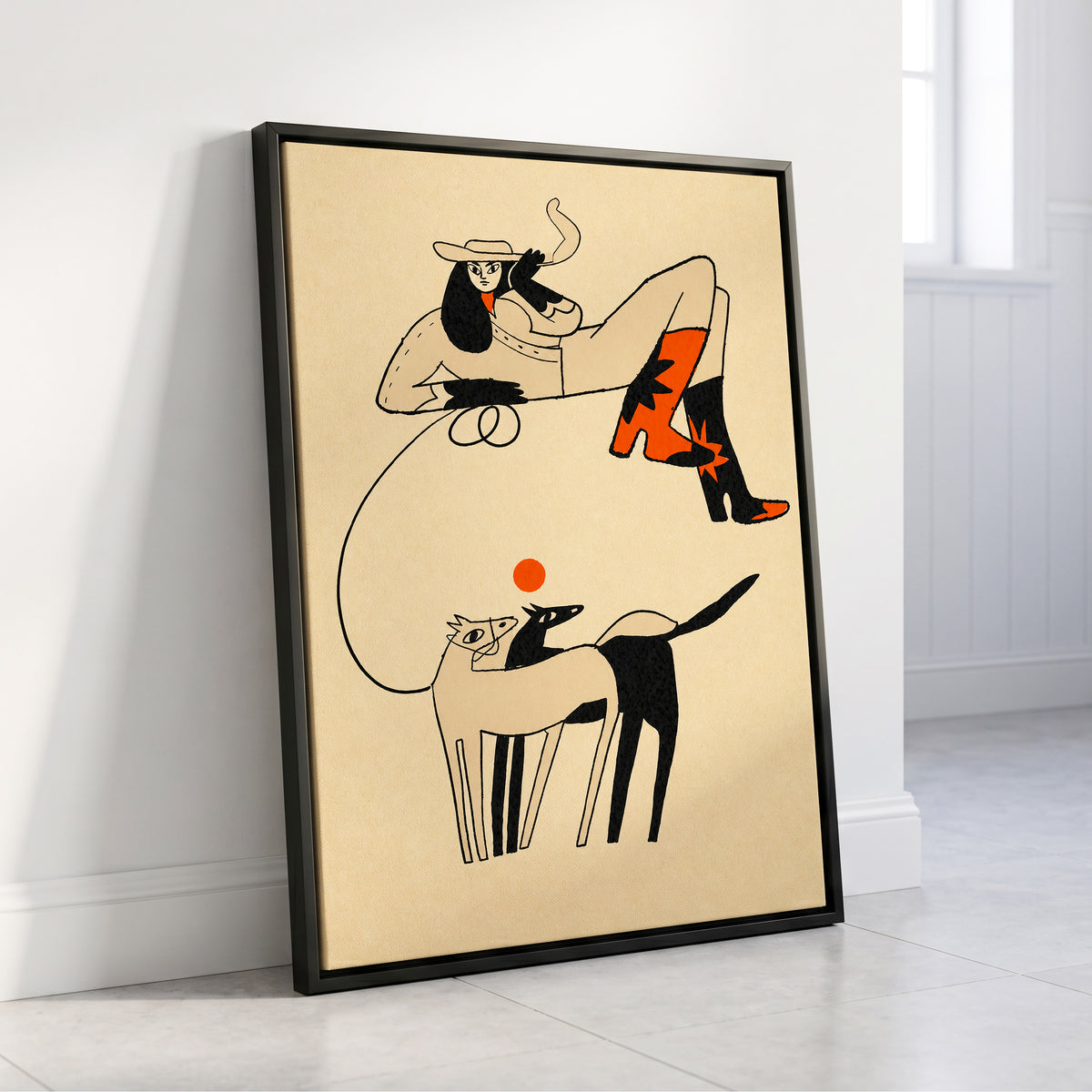 Cowgirl in Suspension, beige, black, orange abstract wall art displayed in a styled interior, gallery view 4