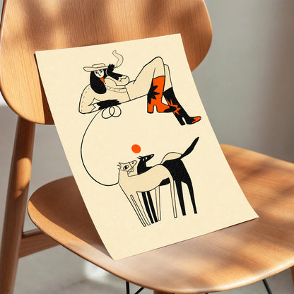Cowgirl in Suspension, beige, black, orange abstract wall art displayed in a styled interior, gallery view 5