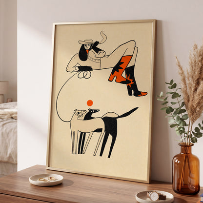 Cowgirl in Suspension, beige, black, orange abstract wall art displayed in a styled interior, gallery view 6