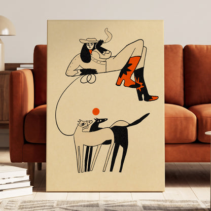 Cowgirl in Suspension, beige, black, orange abstract wall art displayed in a styled interior, gallery view 7