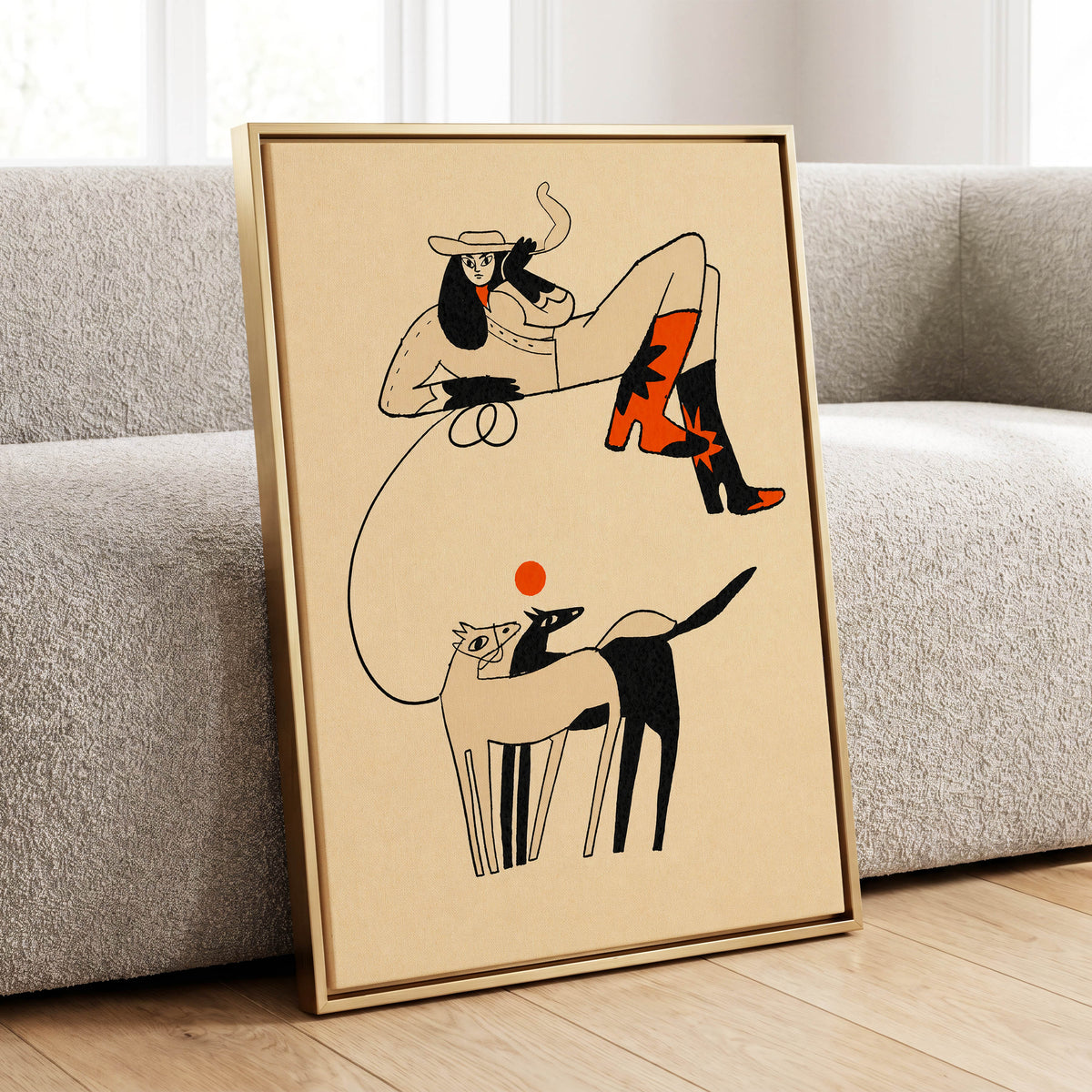 Cowgirl in Suspension, beige, black, orange abstract wall art displayed in a styled interior, gallery view 8