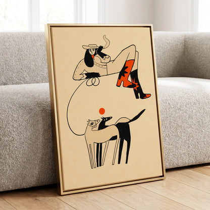 Cowgirl in Suspension, beige, black, orange abstract wall art displayed in a styled interior, gallery view 8