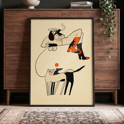 Cowgirl in Suspension, beige, black, orange abstract wall art displayed in a styled interior, gallery view 9