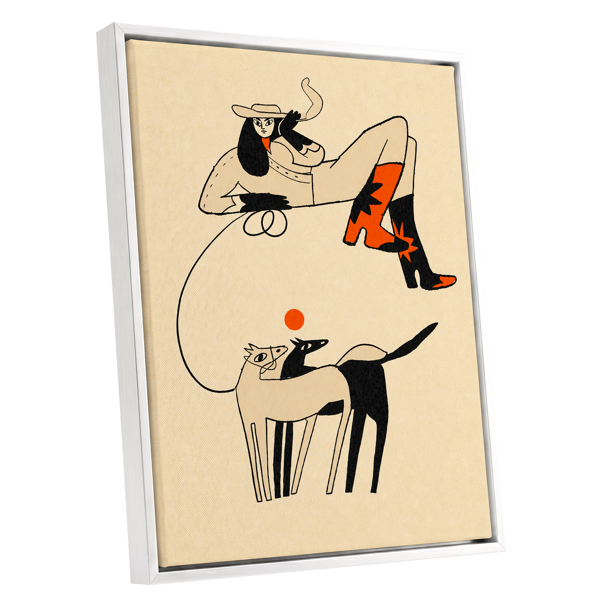 Cowgirl in Suspension, beige, black, orange abstract wall art shown as a white framed canvas wall art