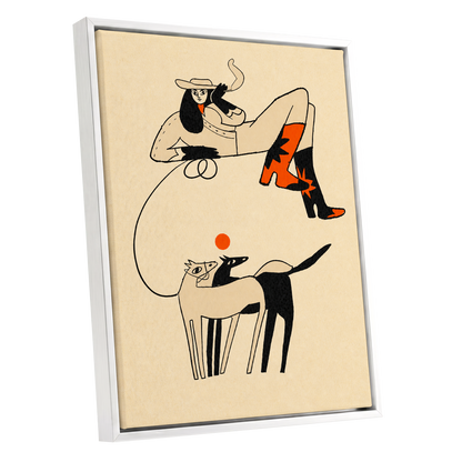 Cowgirl in Suspension, beige, black, orange abstract wall art shown as a white framed canvas wall art