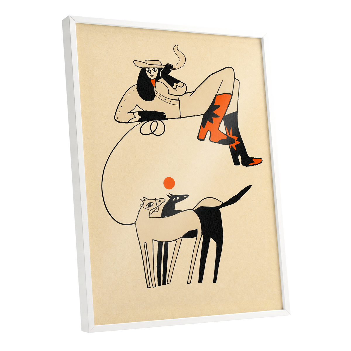Cowgirl in Suspension, beige, black, orange abstract wall art shown as a white framed poster wall art print