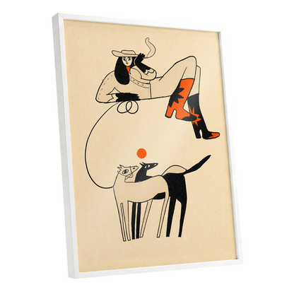 Cowgirl in Suspension, beige, black, orange abstract wall art shown as a white framed poster wall art print