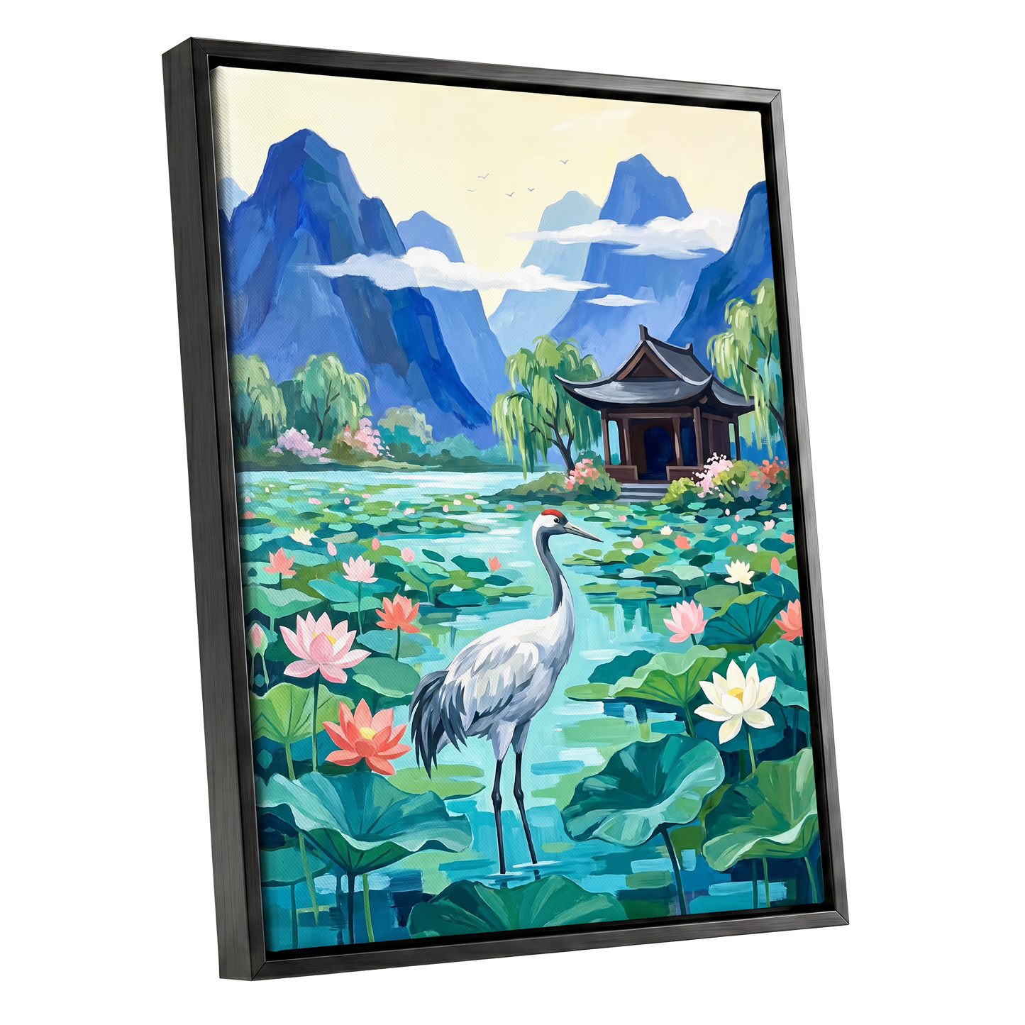 Crane Among Lotus Blooms, blue, green, pink nature wall art shown as a black framed canvas wall art