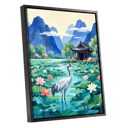 Crane Among Lotus Blooms, blue, green, pink nature wall art shown as a black framed canvas wall art