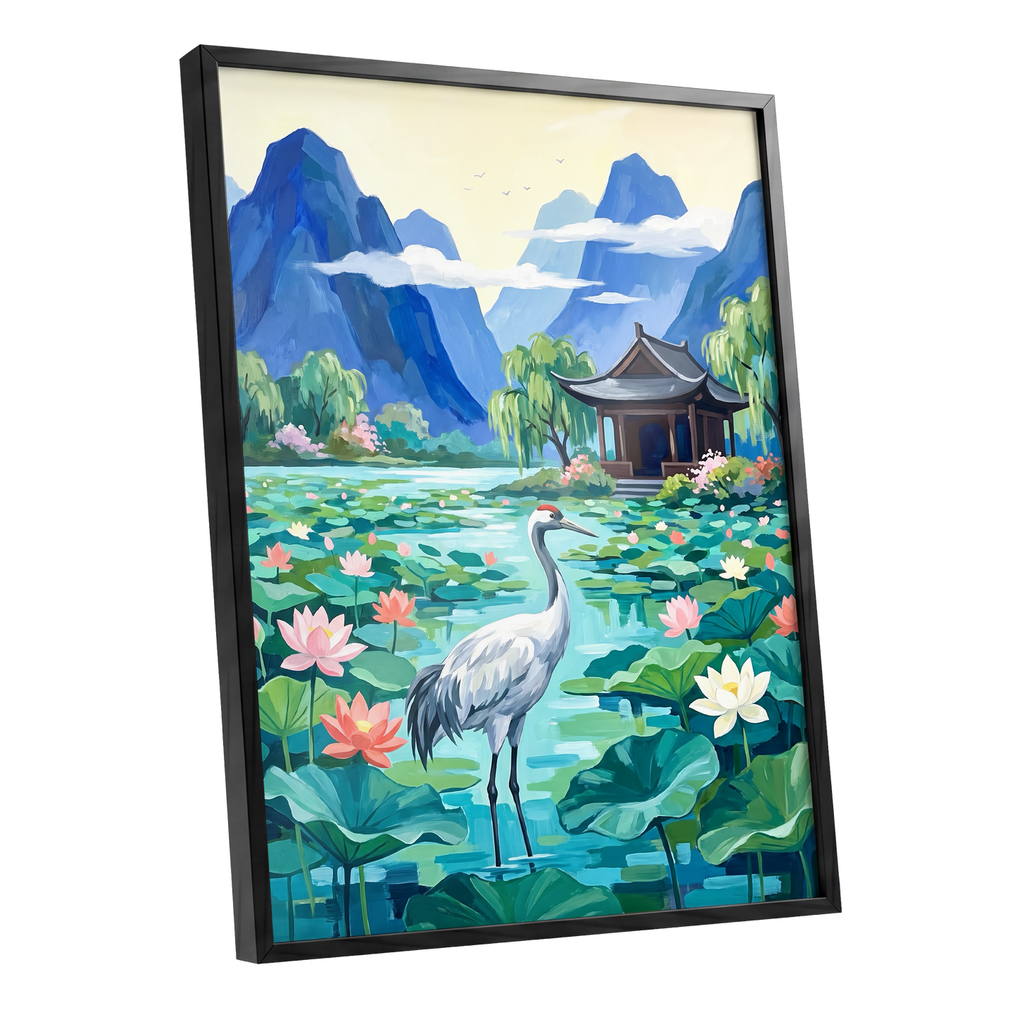 Crane Among Lotus Blooms, blue, green, pink nature wall art shown as a black framed poster wall art print