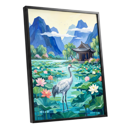 Crane Among Lotus Blooms, blue, green, pink nature wall art shown as a black framed poster wall art print