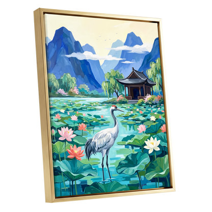 Crane Among Lotus Blooms, blue, green, pink nature wall art shown as a gold framed canvas wall art