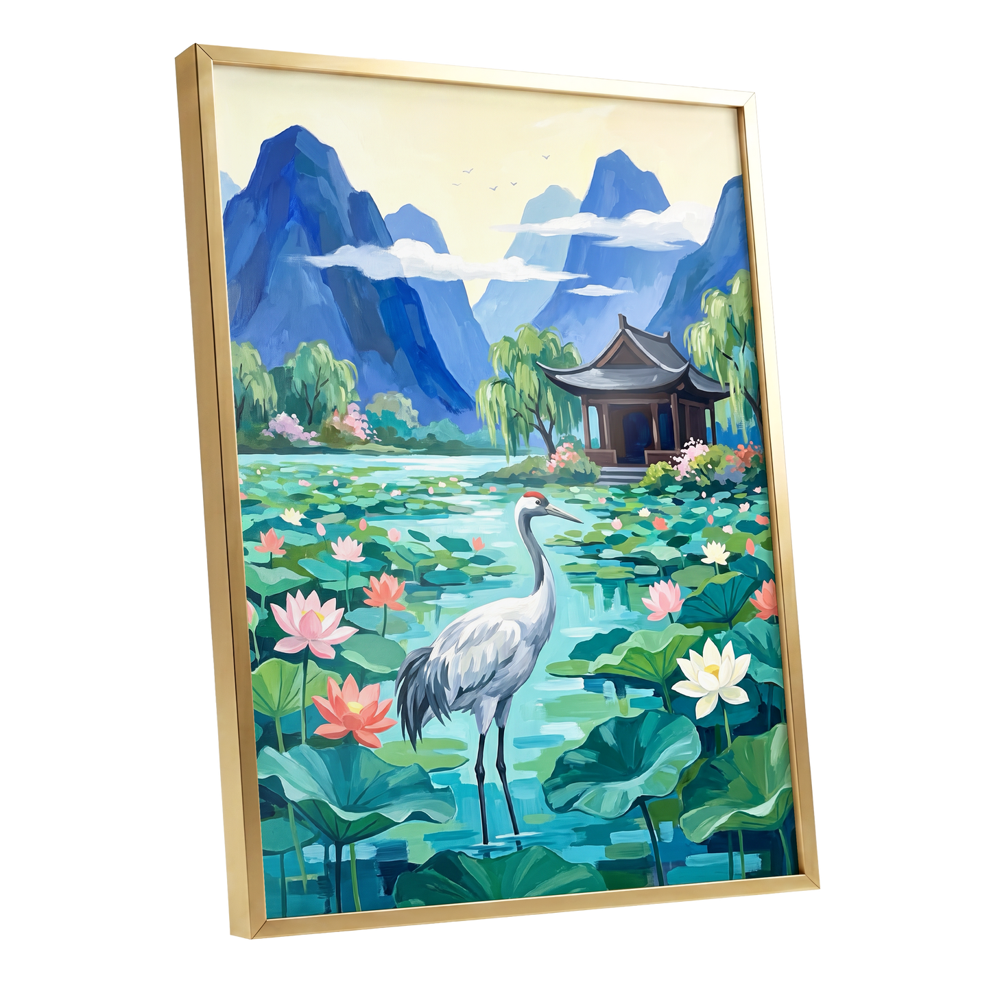 Crane Among Lotus Blooms, blue, green, pink nature wall art shown as a gold framed poster wall art print