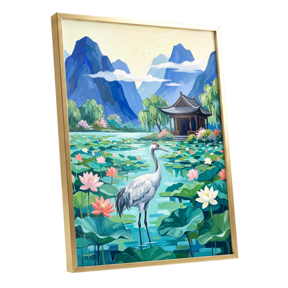 Crane Among Lotus Blooms, blue, green, pink nature wall art shown as a gold framed poster wall art print