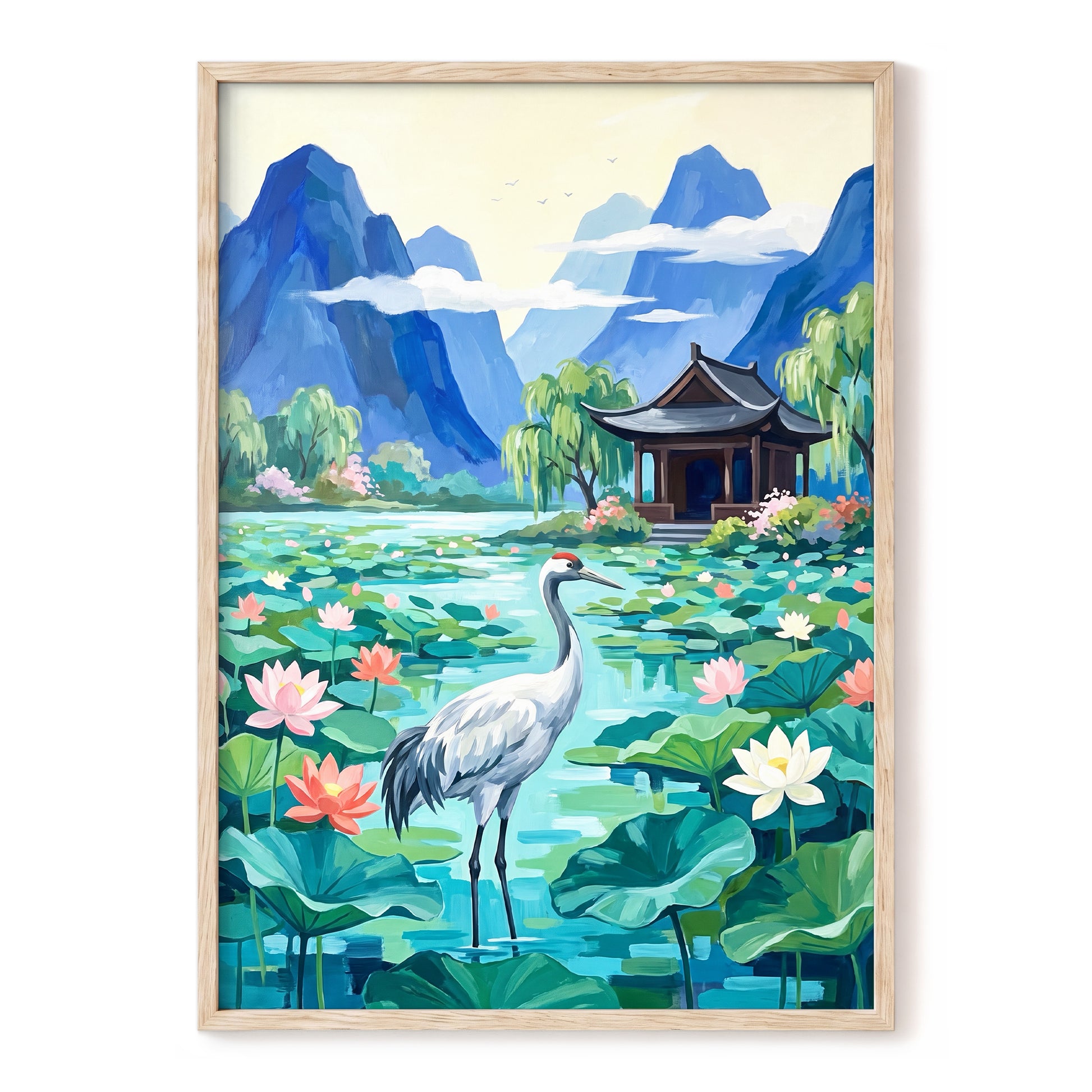 Crane Among Lotus Blooms, blue, green, pink nature wall art, front artwork view