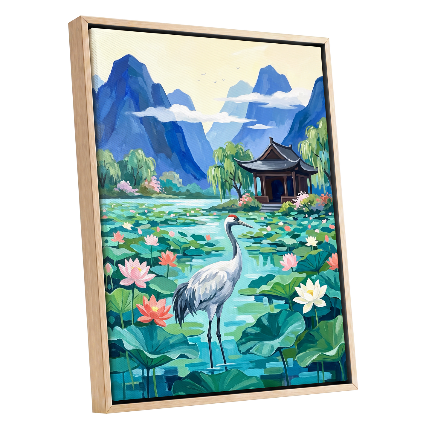 Crane Among Lotus Blooms, blue, green, pink nature wall art shown as a oak framed canvas wall art